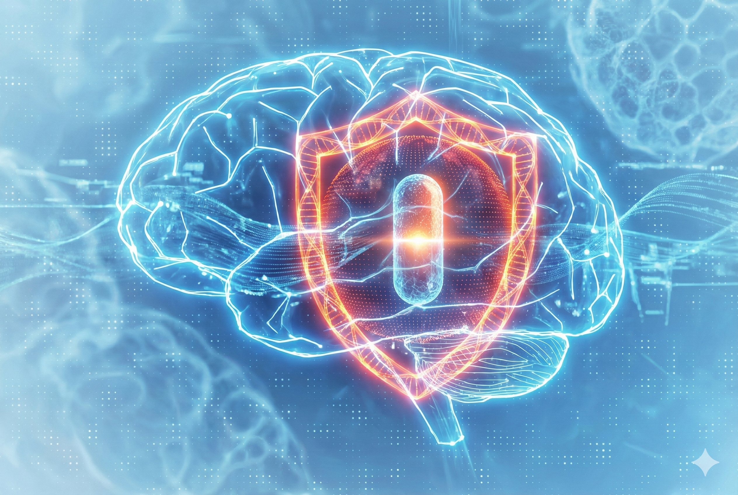 Cerebro com escudo e icone de pilula