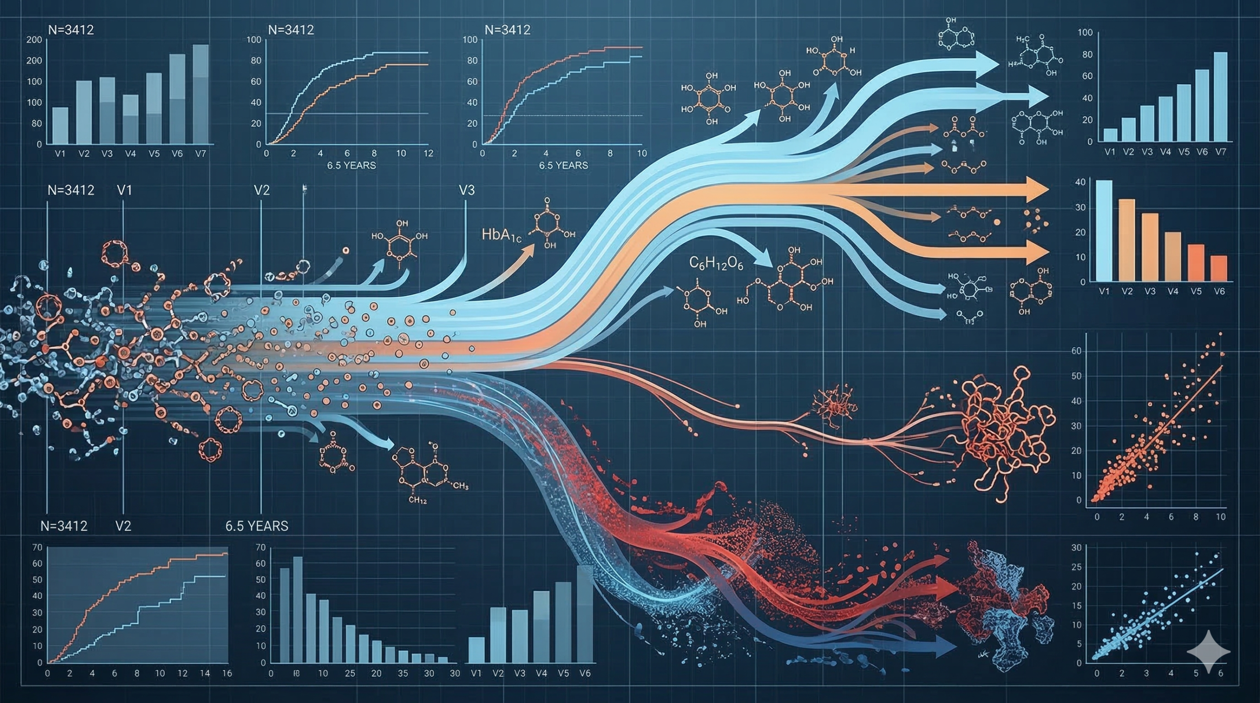 Painel infográfico de estudo clínico (N=3412, 6,5 anos) mostrando fluxo de dados biomédicos com marcadores HbA1c e glicose (C₆H₁₂O₆), múltiplos gráficos de acompanhamento longitudinal e dispersão
